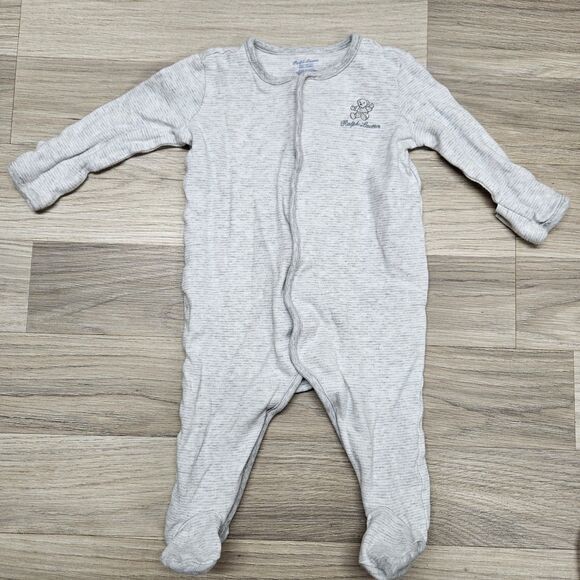 Ralph Lauren Baby Gray Pajamas Unisex Footed One Piece 6 Months Teddy Bear - Picture 1 of 6